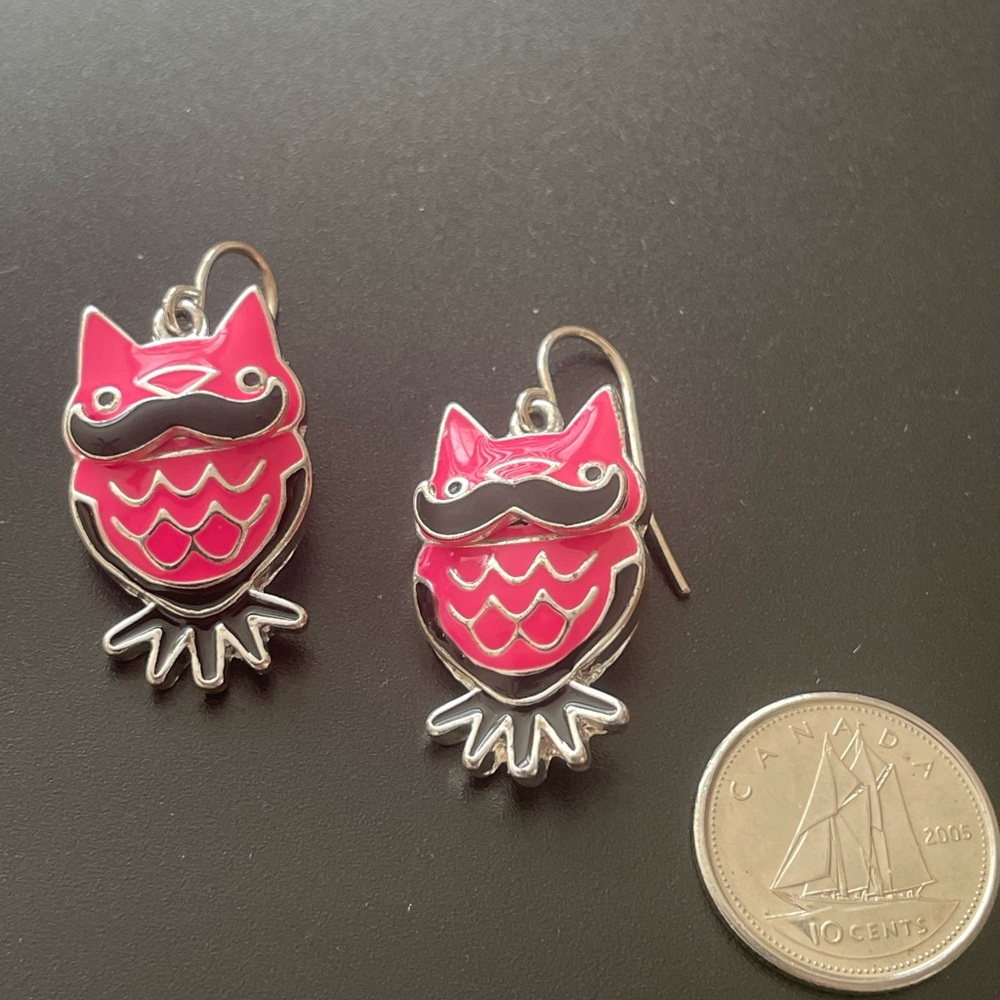 Pink Owl Earrings with Mustache Design